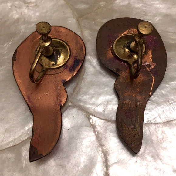 VTG Copper Enameled “Wings” Screw-back Earrings - Picture 4 of 5